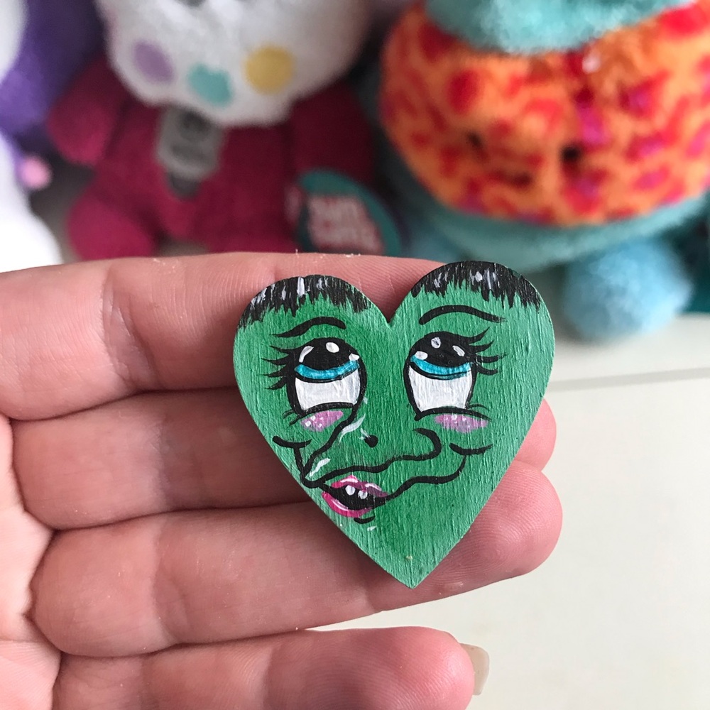 Hand-Painted Green Heart Face Pin